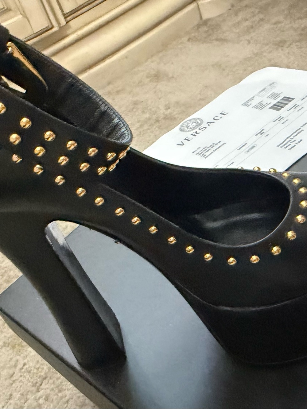 Versace Black Leather Platform Heel with Gold Studs